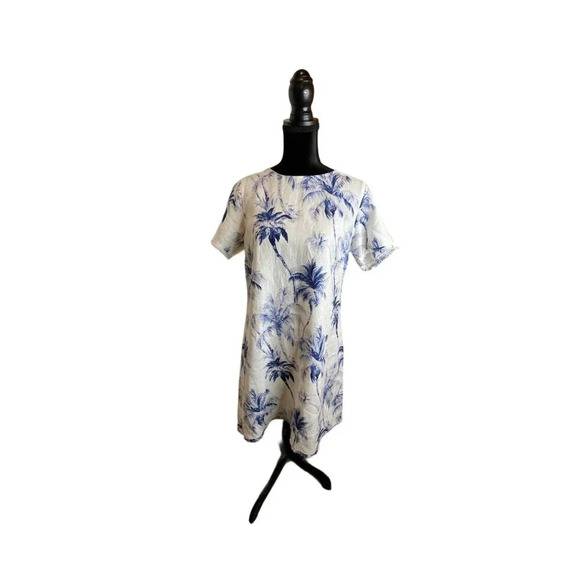 Tommy Bahama Women's Medium Blue & White Palm Tree Print Linen‎ Dress READ Beach - Picture 1 of 9